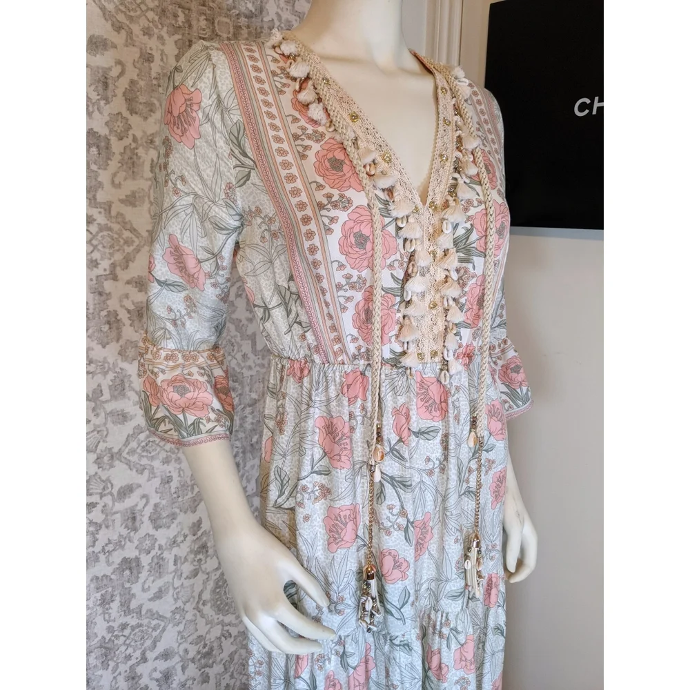 SMF 70s inspired Dusty Pastel Tiered Maxi Dress - Picture 3 of 10